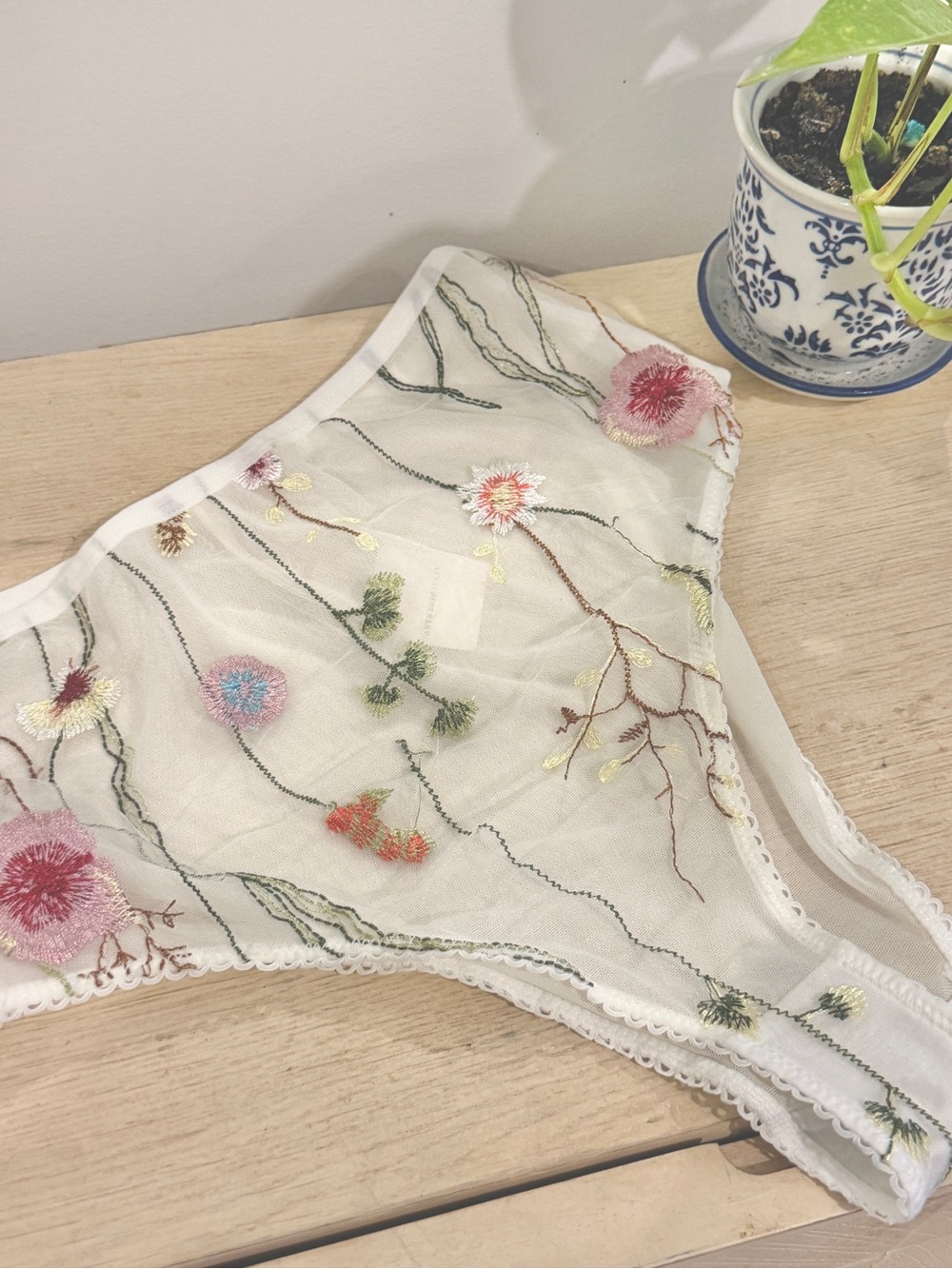 NEW Floral Embroidered Sheer High-Cut High Waisted White Panties Sz Medium